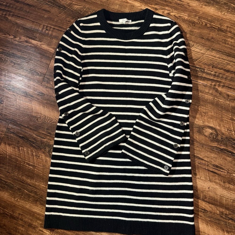 Madewell Black White Striped Button Sleeves Merino Wool Knit Sweater Dress Large - Picture 1 of 8